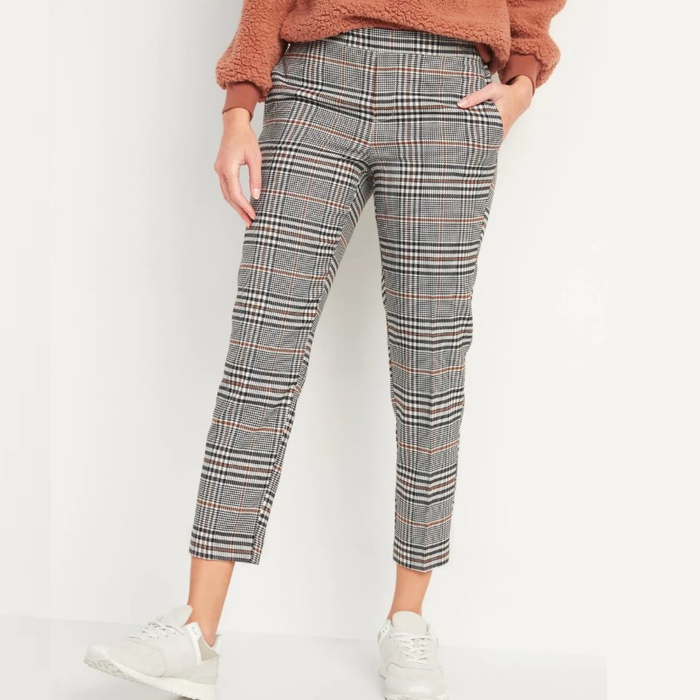 Mid-Rise Straight Plaid Pull-On Ankle Pants